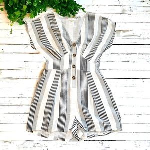 Umgee Womens M V Neck Romper Black White Stripe Button Up Relaxed Fit One Piece